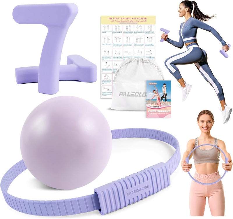 Paleclouds Pilates Ring Set, Pilates Essential Kit with Pilates Ring and Ball, 2.2lb *2 Ergonomic 7-Shaped Dumbbells, Portable Bag & Training Poster, at Home Workouts Pilates Sets for Women - Image 1